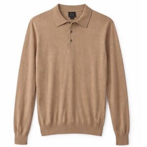 100% Silk Polo Sweater Jos A Bank Mens M Tan Long Sleeve Quiet Luxury Knit